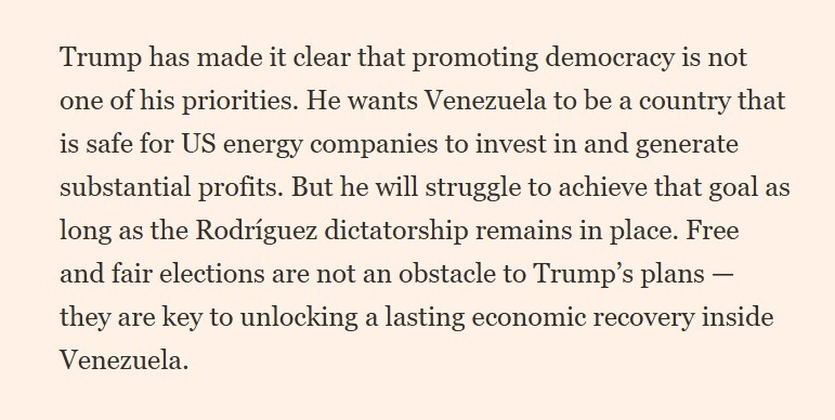 WalterVMG's tweet photo. Buen editorial de @FT, que desarrolla una idea cada vez más evidente para el mundo (que ya lo es para los venezolanos): la recuperación económica de Venezuela no puede separarse de la recuperación de la democracia.

El Financial Times sostiene que los terremotos expusieron las limitaciones de la estrategia de priorizar la estabilidad y la recuperación económica antes que una transición política. Sin legitimidad, Estado de derecho y seguridad jurídica, será muy difícil atraer inversiones y reconstruir el país.

En otras palabras, las elecciones libres no son un obstáculo para la recuperación económica sino la condición para que esa recuperación sea posible y duradera.