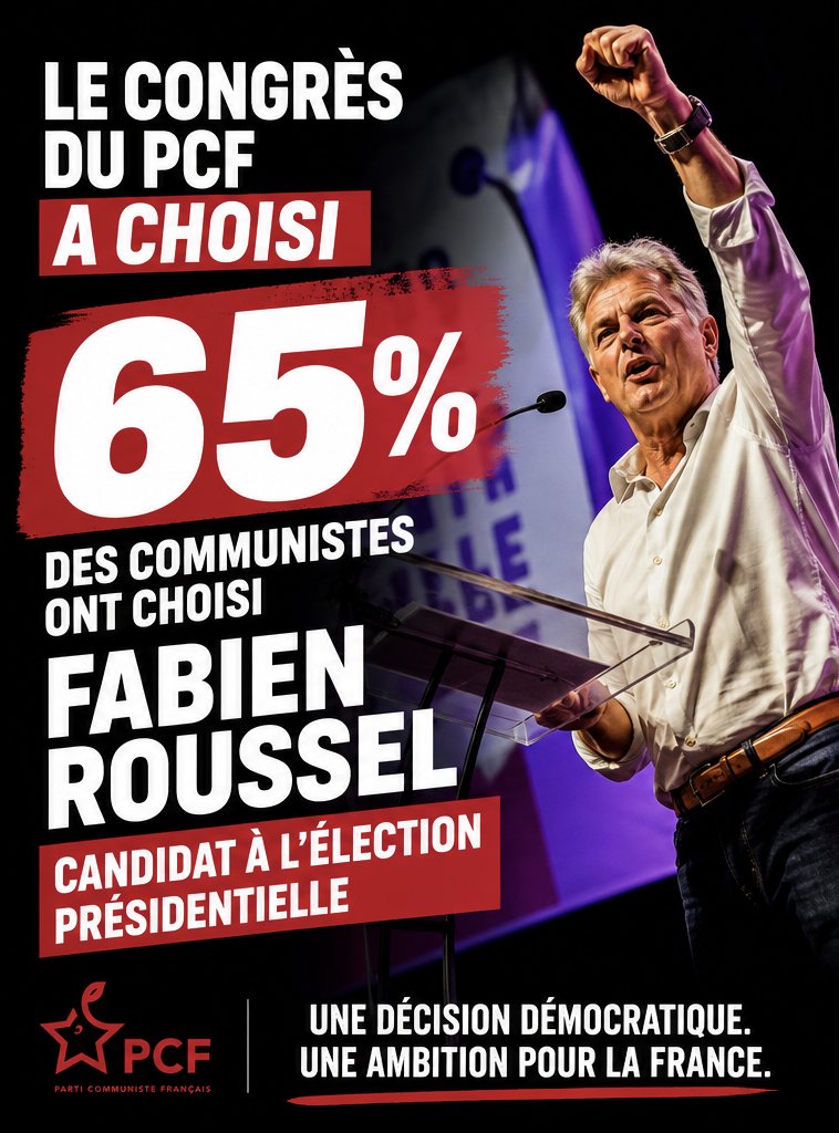 PierreLacaze31's tweet photo. NOUS DÉCIDONS, ILS BAVENT

Le 40ᵉ congrès du PCF a parlé. Les communistes ont choisi démocratiquement de présenter Fabien Roussel à l'élection présidentielle.

Depuis, les mensonges, les insultes, les caricatures, les procès d'intention et les larmes de crocodile se multiplient. Si notre choix dérange, c'est parce que nous refusons la stratégie en miroir d'être le marchepied de l'extrême droite ou de céder aux exigences du capital.

Notre cap est clair : convaincre, agir avec les salariés, les retraités, les étudiants, les privés d'emploi et tous ceux qui veulent une France de justice sociale, pour faire reculer le RN et l'empêcher d'accéder au second tour.

Les communistes ont décidé. C'est un choix démocratique. Nous le porterons avec détermination. Faites mieux. 

#PCF #FabienRoussel2027
#Présidentielle #CommunismeDeConquêtes