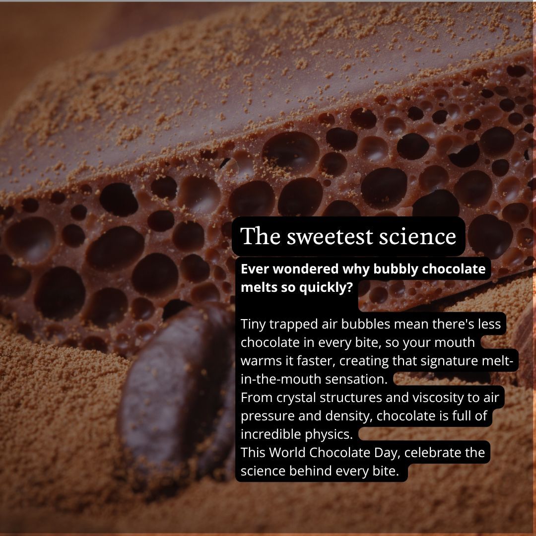 DeptofPhysics's tweet photo. 🍫 Happy World Chocolate Day!
The next time you unwrap a chocolate bar, remember - you are holding a fascinating piece of science.
Swipe through to explore the physics of chocolate and discover how concepts like crystal structures, viscosity and density shape every bite. https://t.co/408bINdxe1