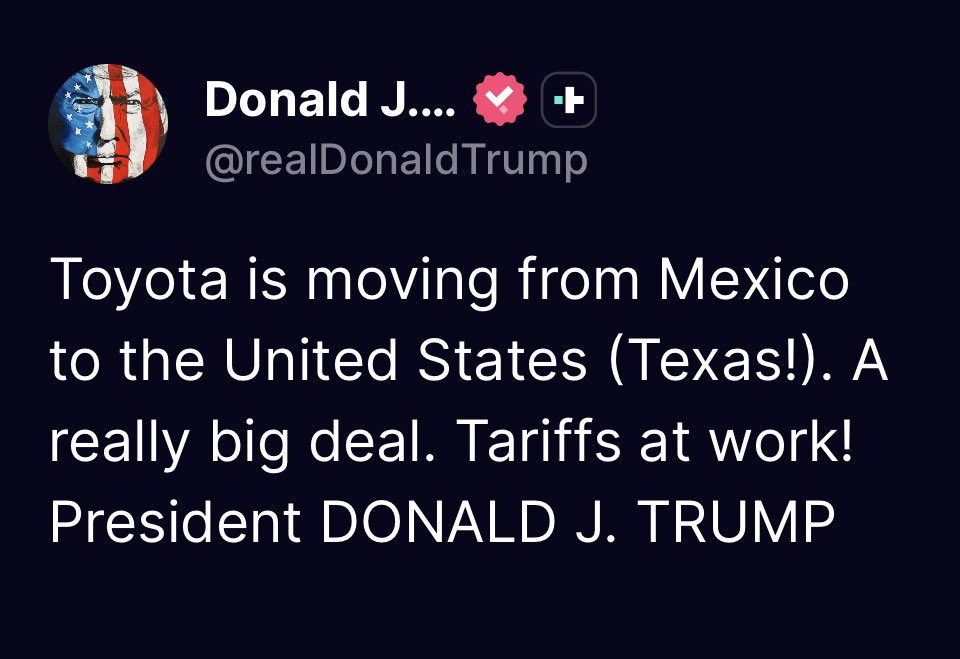 DittiePE's tweet photo. Let’s clear this up a little bit. Yes, Toyota is moving some Tacoma production to Texas.

Temporarily. 

They are moving it from their Baja, California plant over to Texas while they continue upgrades to their newer plant in Guanajuato, Mexico. 

This is not permanent. It’s literally just a layover. While some Tacoma production will stay it Texas, it’ll move back to mostly Mexico when upgrades are finished. 

The approximately 2,000 jobs this will bring is not even a dent in the 400,000 we’ve lost since Trump was elected. 

Link: https://t.co/WZrNmKniLn