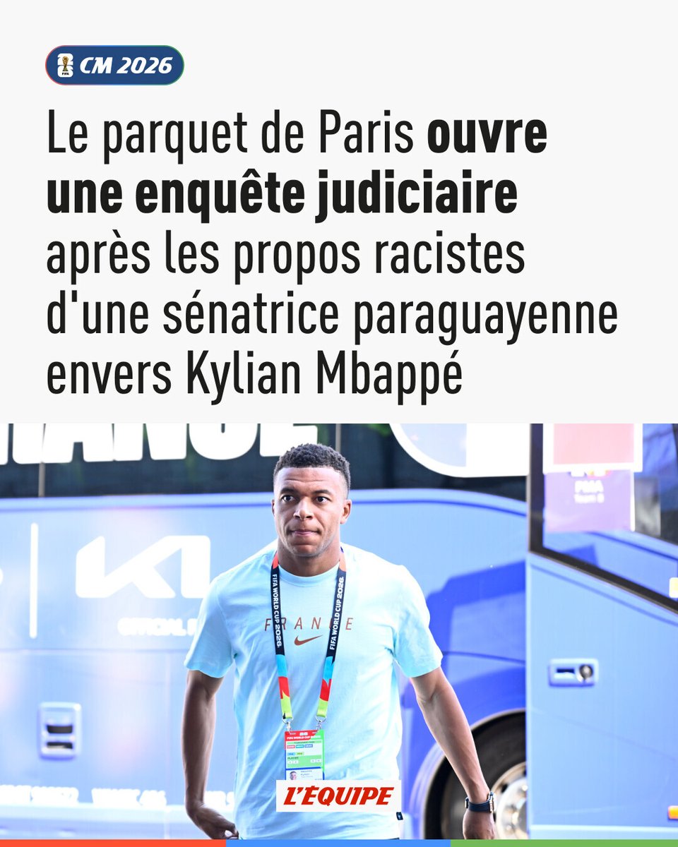 lequipe's tweet photo. Les propos racistes de la sénatrice paraguayenne Celeste Amarilla envers Kylian Mbappé ne vont pas rester sans suite > https://t.co/TkQMOF7XkY https://t.co/RUFGbyWaQb