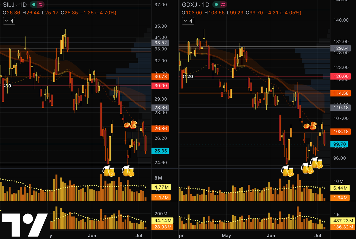 GoldGrumpGranpa's tweet photo. #SILJ and #GDXJ have some pretty juicy jars below the recent lows.☺️
In particular, the #SilverMiners left a rare #Double Bottom at 24.49: an irresistible siren song for legions of #RetailTraders, convinced it's a #bullish pattern and a safe place for their stops.😌
#gold https://t.co/mJXB1QxkLY