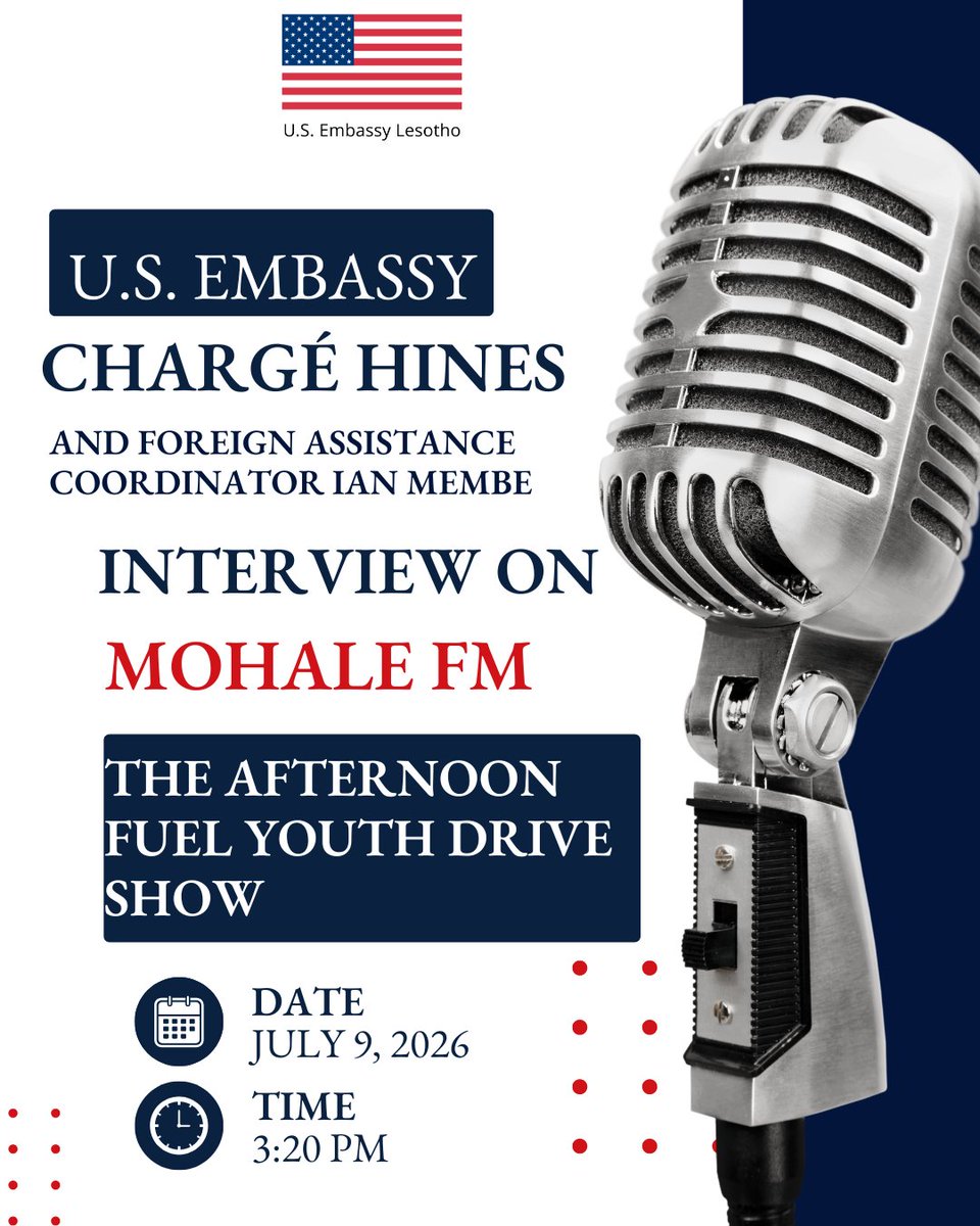 USEmbassyMaseru's tweet photo. Tune in to Mohale FM Thursday at 3:20 to hear the head of the U.S. Mission to Lesotho Tom Hines and Foreign Assistance Specialist Ian Membe talk about U.S. health foreign assistance and fighting HIV/AIDS stigma. https://t.co/WTaFwIwrI8