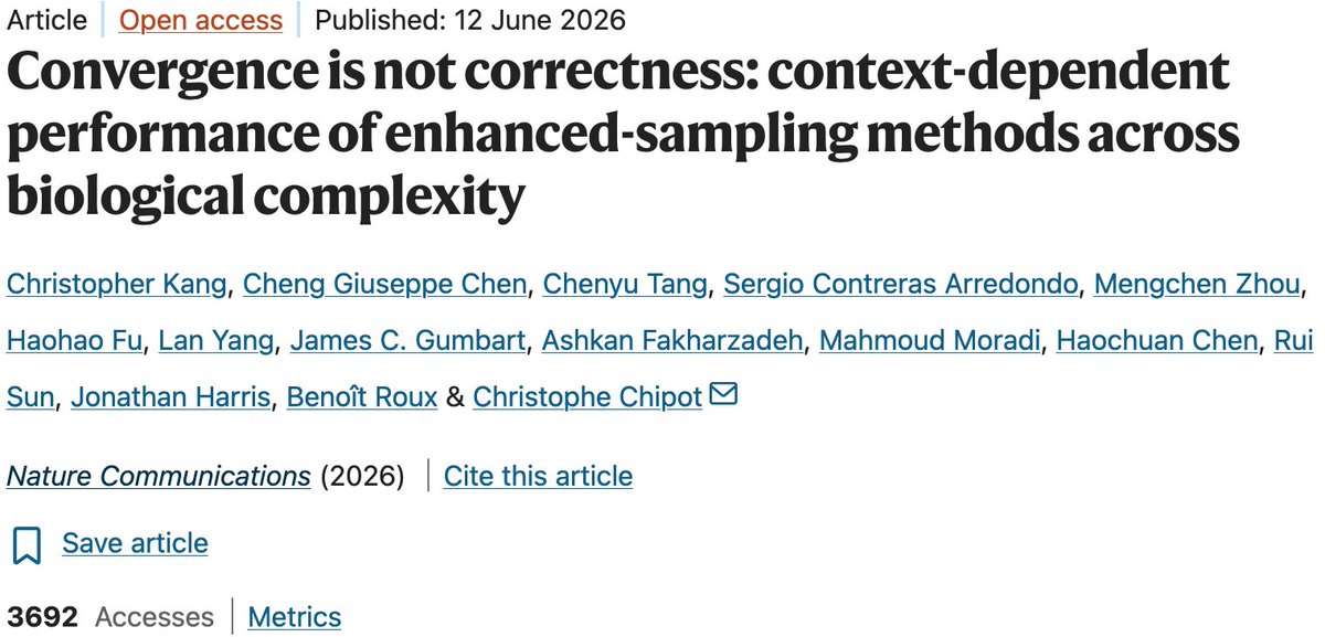 ChipotLab's tweet photo. Enhanced-sampling methods in molecular dynamics can mislead in real biological contexts—cross-validation is essential as standard  convergence checks often miss errors. Our recent study shows that method  performance is not universal. Context matters more than ever. @NatureComms https://t.co/btDrezZoSq