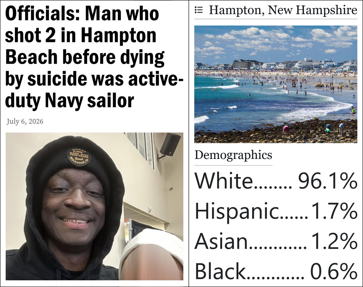 TooWhiteToTweet's tweet photo. Hours after the July 4th fireworks in 96% White Hampton, New Hampshire, a Black man, Tyshawn Cooper, shot two people, then killed himself.

In 2025, a Black-Hispanic man, Divaris Ojani Ruiz, shot three people in Hampton.

Before this, Hampton's last shooting was in 1974. https://t.co/i5EJeO0hgf