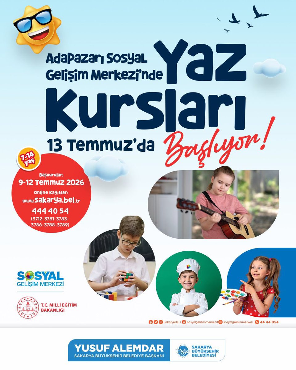 Sakaryabld's tweet photo. Adapazarı Sosyal Gelişim Merkezimizde yaz kurslarımız başlıyor! 🎉🌞

Çocuklarımız bu yaz; yeni arkadaşlıklar kuracak, yeni şeyler öğrenecek, yeteneklerini keşfedecek ve dopdolu anılar biriktirecek. 🎨🎸♟️👩‍🍳

📅 Kurs Başlangıç: 13 Temmuz

📝 Başvurular: 9-12 Temmuz 2026

💻 Online kayıt: https://t.co/OD4OAYvhnS

📞 Bilgi: 444 40 54
Dahili: 3712- 3781 - 3783 - 3786 - 3788-3789-3742

Bu yazı birlikte güzelleştirelim… 7-14 yaş arası tüm çocuklarımızı bekliyoruz! 💙✨