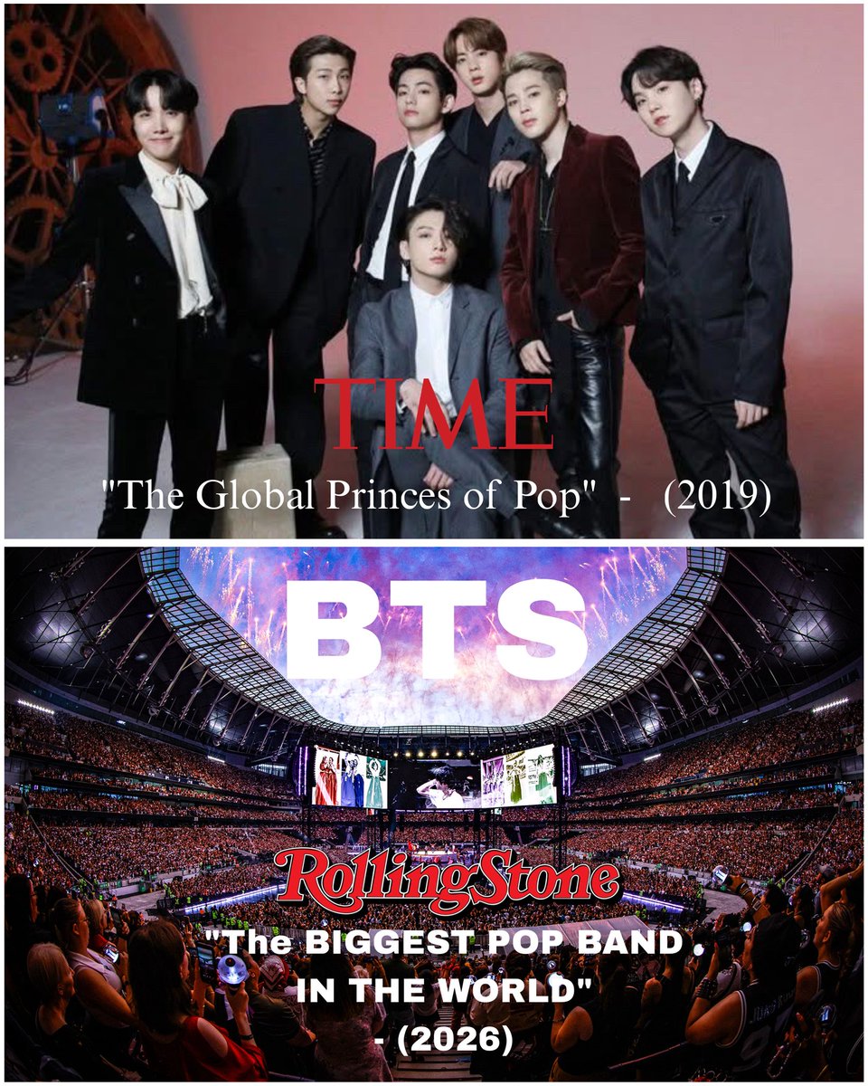 TouringAsiaPop's tweet photo. ASTRONOMICAL STEP

In 2019, BTS was called ‘The Global Princes of Pop’ by TIME Magazine.

In 2026, Rolling Stone names them ‘The Biggest Pop Band in the World’.

@bts_bighit 

#방탄소년단
#bts_ari̇rang
#BTS
#BTS_WORLDTOUR
#BTS_WORLDTOUR_NA 
#BTS_WORLDTOUR_ARIRANG https://t.co/MKB8PMx1Ll