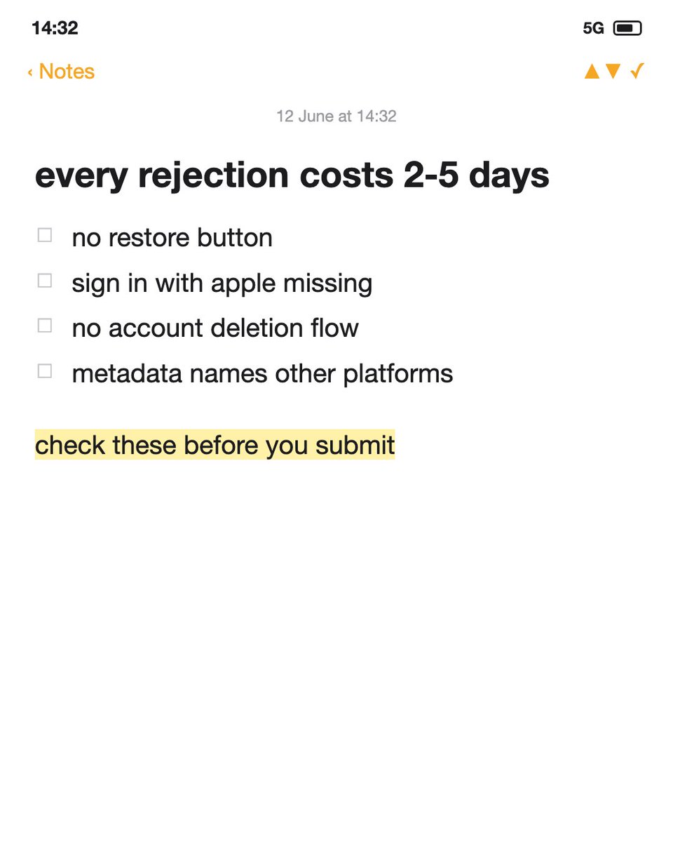 Alexcanship's tweet photo. every app store rejection costs you 2-5 days of momentum 💀so PLEASE make sure u avoid these:

1. no restore button on the paywall
2. sign in with apple missing when you offer google. (sign-in with apple has to be above google)
3. no account deletion flow anywhere
4. metadata that name-drops other platforms

run through those before you hit submit!!
