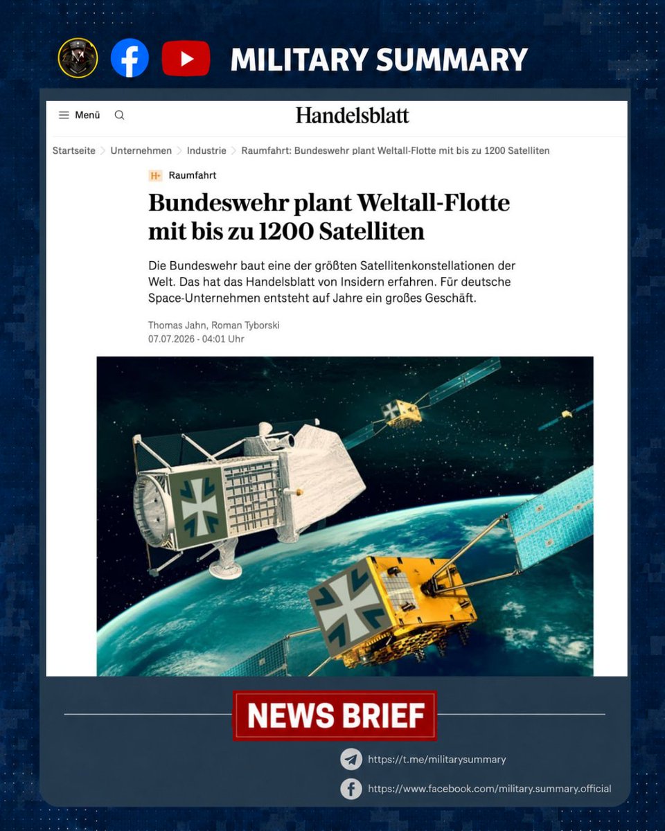 MilitarySummary's tweet photo. ‼️🇩🇪 The Bundeswehr plans to launch approximately 1,200 communications and reconnaissance satellites , according to Handelsblatt.

 ▪️According to the publication, the final number of satellites will depend on the structure and configuration of the future satellite constellation. The project is still in the development stage, and its details remain classified.
 ▪️Two sources familiar with the plans say the Bundeswehr could deploy up to 1,200 satellites in orbit in the coming years. However, one of the newspaper's sources in the military department stated that at least a thousand satellites are being discussed.
 ▪️If the project is implemented, Germany will receive one of the largest satellite constellations in the world. According to open data, the Starlink system, which currently has more than 10,700 operational satellites, is the largest.
