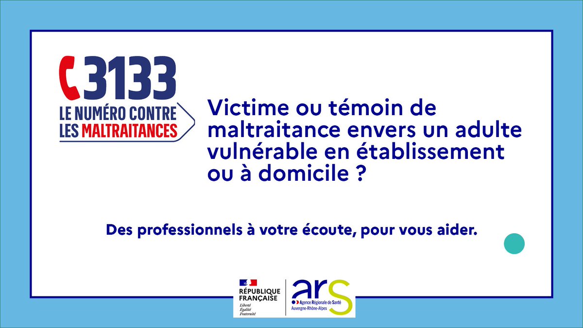ARS_ARA_SANTE's tweet photo. #Signalements | 📢 Comment signaler une situation de maltraitance envers une personne vulnérable ?
📞 Appelez le 3133, accessible 7j/7 de 9h à 20h.
💻 Utilisez le formulaire en ligne sur https://t.co/TaEjp5BtYj
👉 https://t.co/ydsR6yaX2L https://t.co/9TTiHb7e4d