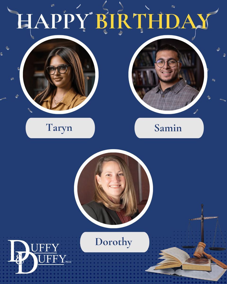 DuffyDuffyLaw's tweet photo. Happy birthday to Taryn, Samin, Dorothy, Melissa, and Lisa! 🎂 Thank you for everything you bring to the Duffy &amp; Duffy family. Here's to a wonderful year ahead!

https://t.co/uwDexuKwY7

#JulyBirthdays #OurTeam https://t.co/TZhokTiffL