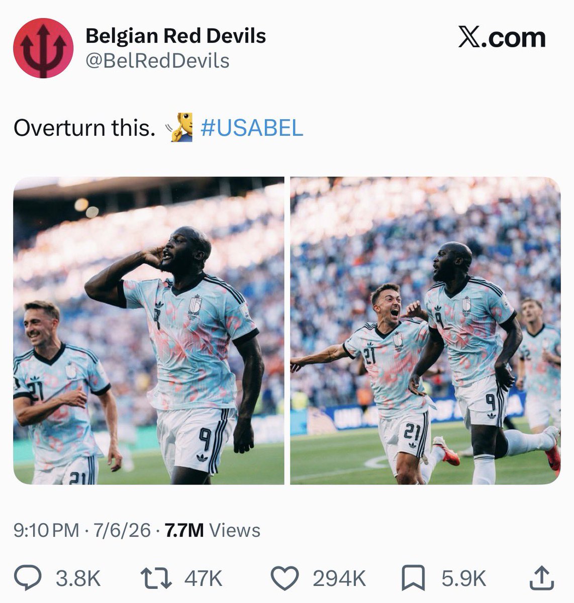 UATX_AMS's tweet photo. @AlexiLalas Trump ruined the World Cup for the US team, turning them into pariahs instead of underdogs and giving Belgium every reason to come in with renewed passion. Thanks a lot! https://t.co/nrtpVa5EH2