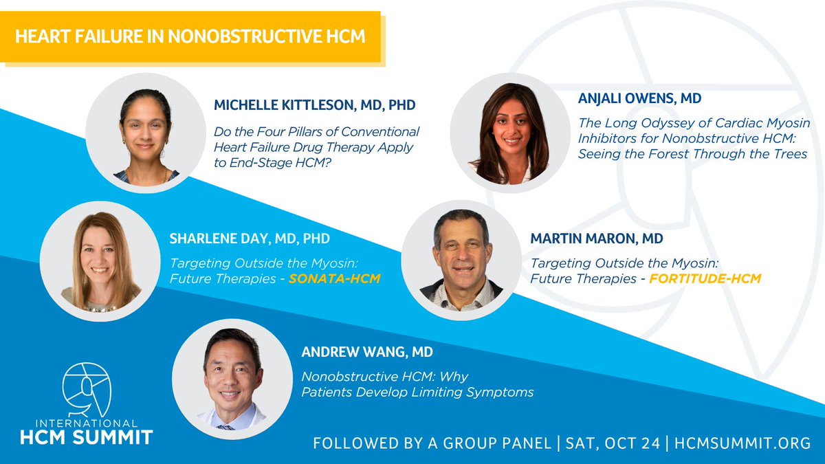 MartinMaronMD's tweet photo. Nonobstructive HCM remains one of the field's biggest open questions. On Sat 10/24, @MKittlesonMD, @tikuowens, #SharleneDay, @AWangDukeU and I dig into why symptoms persist, what #CMIs taught us, and what's next: SONATA-HCM, FORTITUDE-HCM, and targeting outside the myosin. #HCM9 https://t.co/uBDmVHZisz