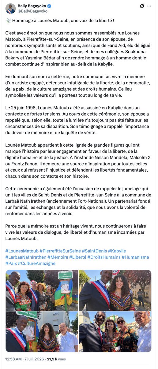 thenews_fr's tweet photo. 🇩🇿🇫🇷🐢 ALGÉROPHOBIE — La Kabylie instrumentalisée par LFI, l’Algérie effacée.

Bally Bagayoko (LFI) a rendu hommage à Lounès Matoub à Pierrefitte-sur-Seine, entouré du drapeau kabyle/amazigh sur les photos, en évoquant uniquement la « Kabylie » et la « culture amazighe ». Aucune mention de l’Algérie comme nation, ni de drapeau algérien.
Rappel : la Kabylie est une région de l'Algérie, au même titre que l'Oranie, l'Algérois, le Constantinois et les autres. L'identité nationale algérienne est islamo-arabo-amazighe (Constitution).

Sophia Chikirou, proche de Jean-Luc Mélenchon, avait déjà affiché publiquement son soutien au mouvement séparatiste MAK (classé comme organisation terroriste par l’Algérie depuis 2021). Une ingérence déjà à l'œuvre en 2019, quand Mathilde Panot, soutenue par Mélenchon, s'était rendue en Algérie pour rencontrer des militants du Hirak, avant d'être interpellée à Béjaïa et invitée à faire ce qui était prévu dans son visa, à savoir du tourisme.