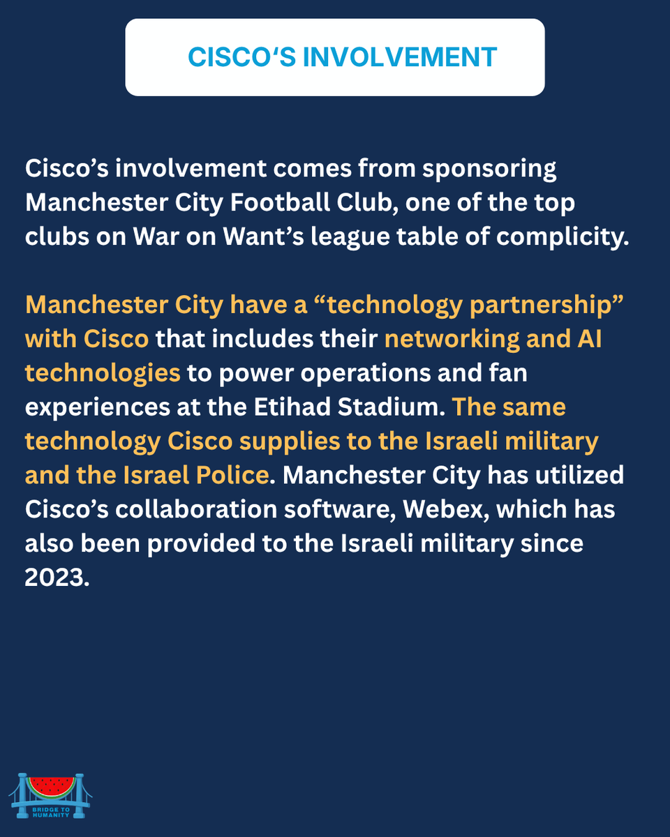 Bridge2Humanity's tweet photo. Cisco has been named in @WarOnWant’s new report about English Premier League football club sponsored by corporations that are complicit in Israel’s occupation, apartheid &amp; genocide of the Palestinian people, citing how sponsorships enable Cisco to improve its image through sport. https://t.co/LtjMif5Ydp