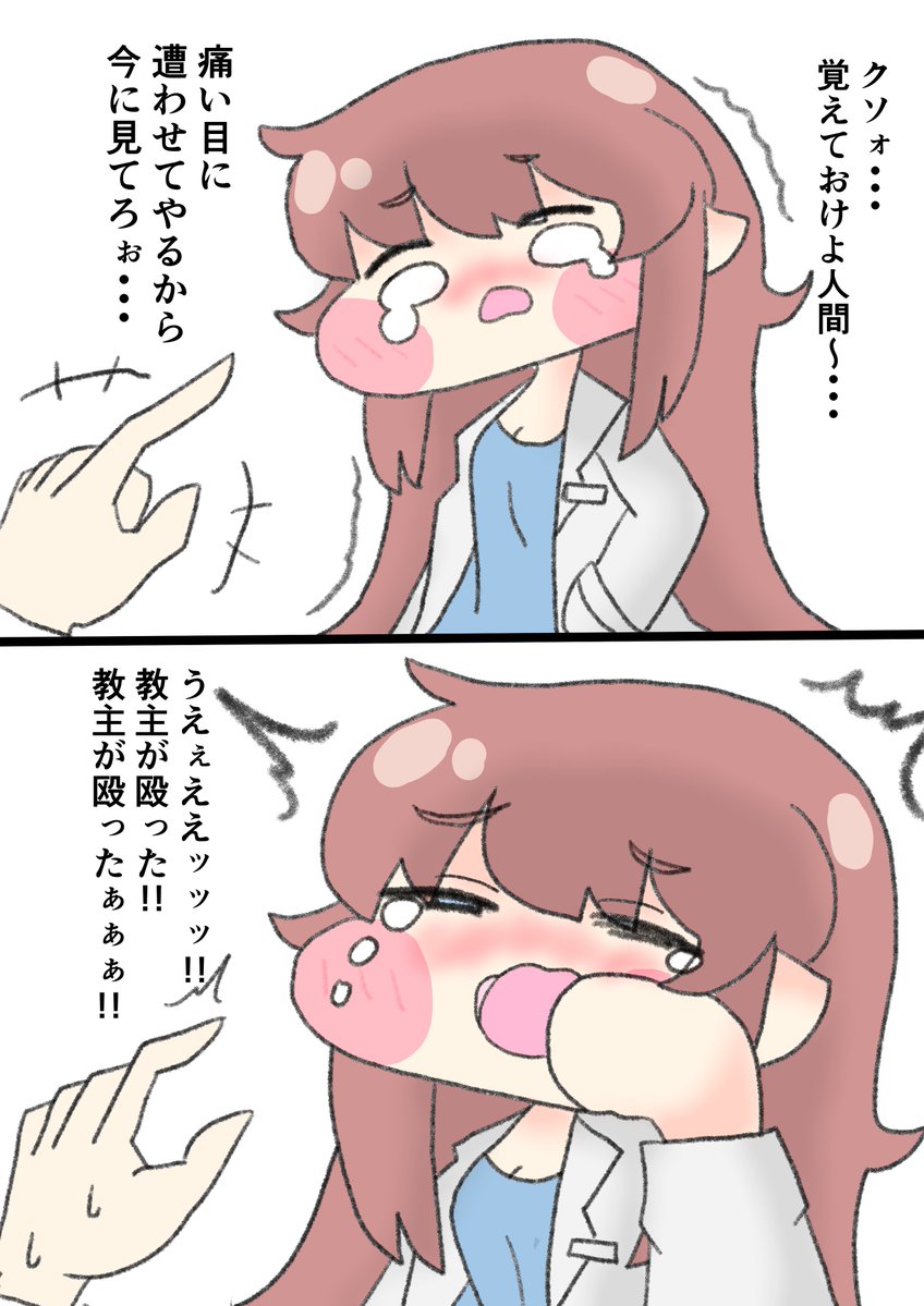 26964_art's tweet photo. 普段からたまにエレナを小突いて遊んでたので
今日も同じノリで小突いたら本気で何か嫌なことがあったみたいでガチ泣きされてかなりビビる教主の図 https://t.co/mmxF0DZ6I2