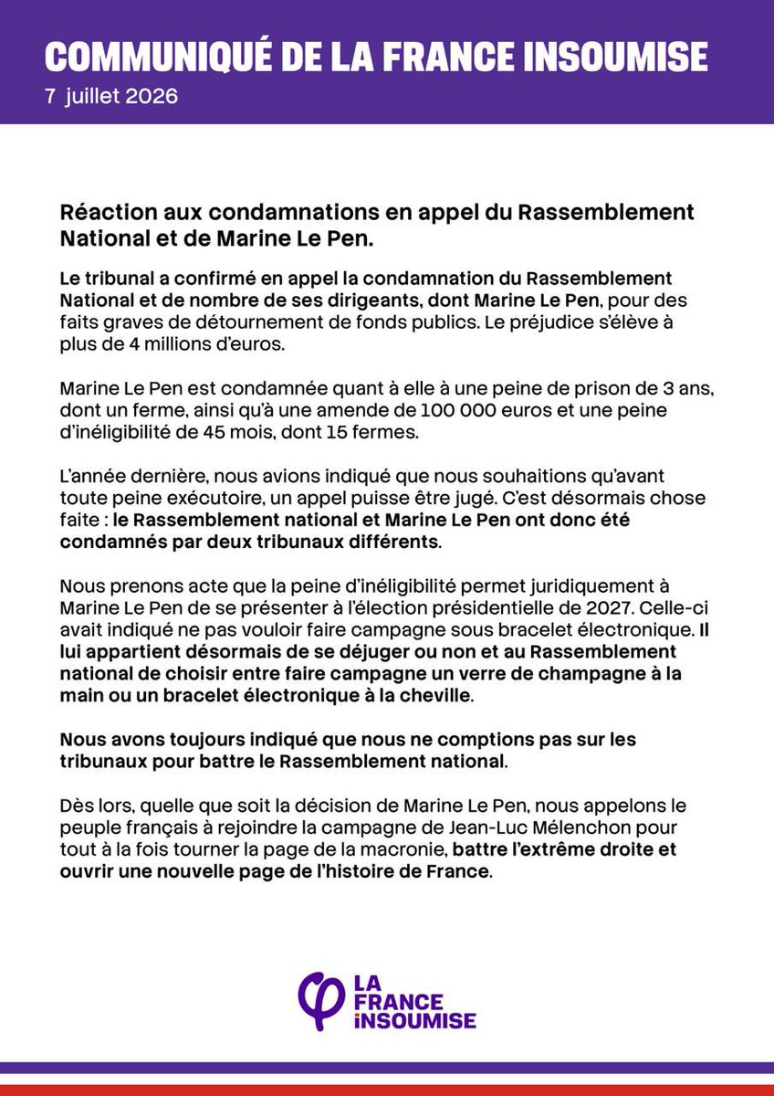 Ilangabet's tweet photo. MDRRRRR le communiqué de la France Insoumise

« Il appartient au rassemblement national de choisir entre faire campagne un verre de champagne à la main ou un bracelet électronique à la cheville »

OWN https://t.co/0TvCH6XlK6