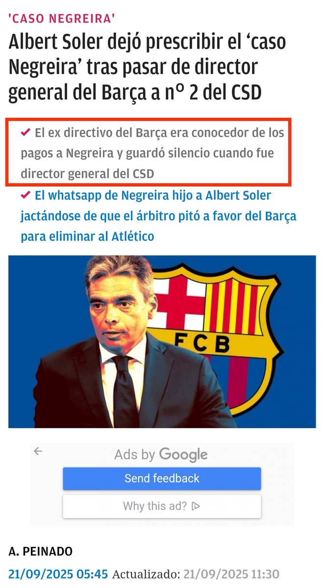 RafaelLucasGar1's tweet photo. @Tebasjavier #AEAT pilló al Barsa en 2018 intentando DESGRAVARSE el IVA de sus PAGOS a #Negreira.
Justo después #Rubiales, #Tebas y #CTA, por lo que sea, firmaron cláusula anticorrupción 😉
Y cuando AEAT inició inspección, #AlbertSoler se fue del FCB al #CSD y la RFEF MUTILÓ el #CódigoÉtico https://t.co/NWwtmkV6p1