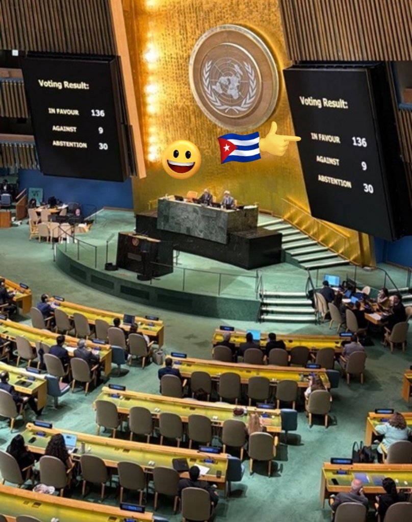 MiguelRodr87987's tweet photo. La Asamblea General d la ONU aprueba celebrar el debate urgente solicitado por 🇨🇺 sobre las acciones agresivas d 🇺🇲 contra la Isla.
La propuesta recibió el respaldo d 136 Estados miembros, 9 votaron en contra y 30 se abstuvieron. ¡Esta votación ya es una victoria d Cuba!
😄🇨🇺✌️💪 https://t.co/Bt8AIs0co3