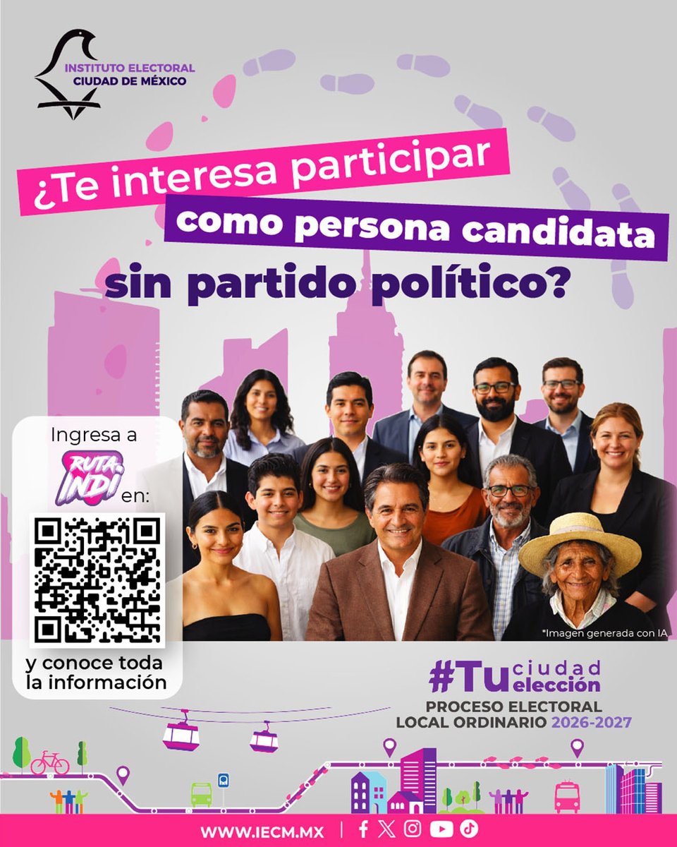 Distrito16IECM's tweet photo. ¿Te interesa participar como persona candidata sin partido político? Conoce los requisitos, etapas y todo lo que necesitas para postularte en el Proceso Electoral Local Ordinario 2026-2027. Ingresa a Ruta INDI y encuentra la información. https://t.co/nV4JM7w9NP