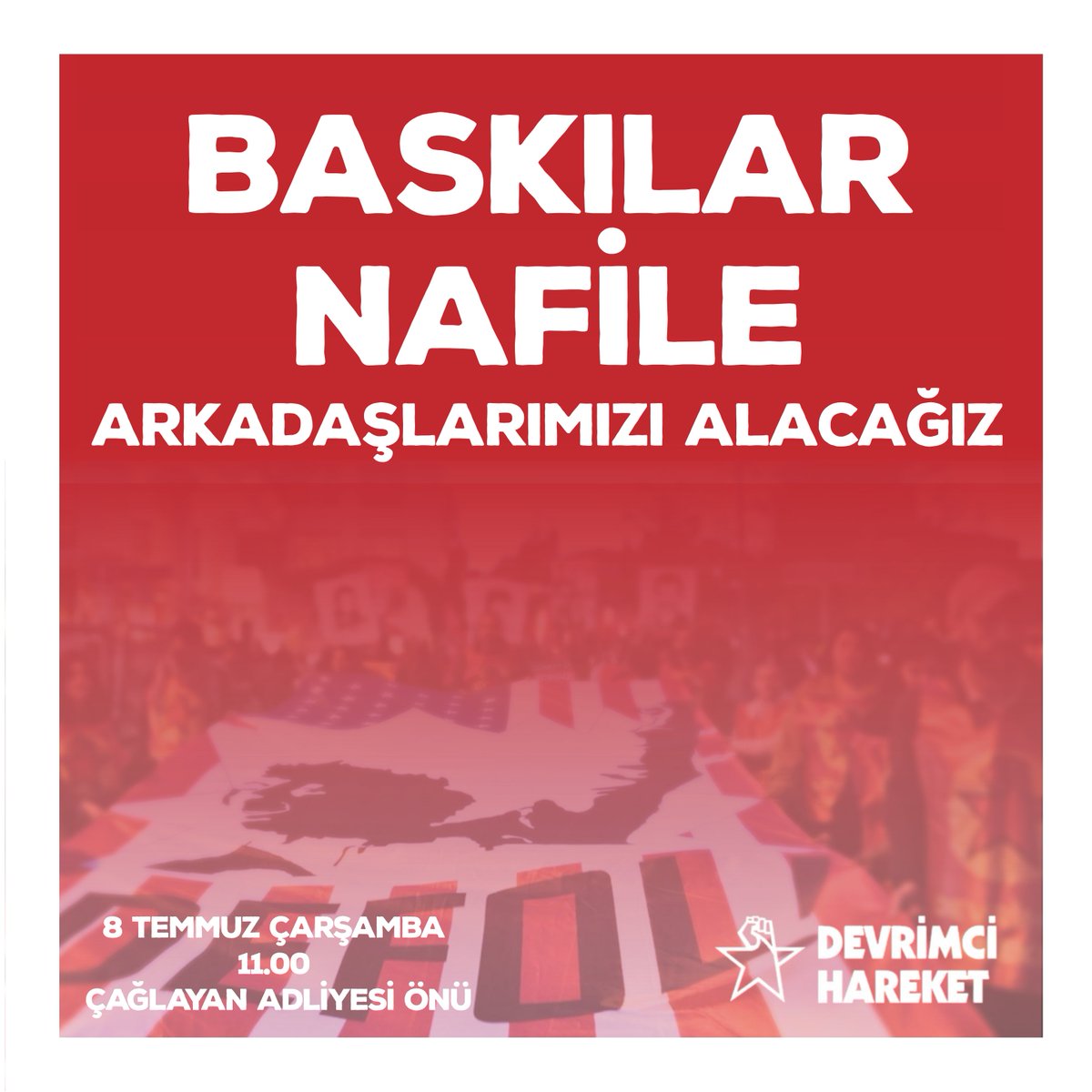 dhareket70's tweet photo. #Çağrı | ABD ve NATO’ya karşı çıkmak suç değildir, arkadaşlarımızı alacağız!  

Ankara’da düzenlenen NATO zirvesi öncesi 5 Temmuz Pazar günü, başta İstanbul olmak üzere pek çok kentte polis tarafından yapılan ev baskınlarında onlarca arkadaşımız, işkence ve kötü muameleyle gözaltına alındı.   

Zirve öncesi bu kirli savaş örgütünün liderlerine hoş görünmek için her türlü hazırlığı yapan AKP-Saray rejimi, bugün ABD Başkanı Trump’tan beklediği ‘aferini’ almıştır. Kendisine hazırlanan uçak pistini öven Trump, yaptığı vaatlerle AKP’ye ihtiyacı olan meşruiyeti vereceğini ilan etmiştir.   

Utanç verici bu tablo karşısında kimse bu memleketin anti-emperyalistlerinden, devrimcilerinden, ilerici ve yurtseverlerinden eli kolu bağlı oturmasını beklemesin. AKP faşizmi bölgenin Amerikancı dizaynı için ne kadar üstümüze gelirse gelsin biz de en güçlü yanıtı vermek için çalışmaya devam edeceğiz.   

Yarın Çağlayan Adliyesine sevk edilecek olan gözaltındaki arkadaşlarımızı alacak; anti-emperyalist mücadelemizi büyüteceğiz! 

Yüreği ABD haydutluğu ve AKP faşizmine karşı olan herkesi yanımızda olmaya davet ediyoruz.   

📅8 Temmuz Çarşamba 
🕗Saat: 11.00 
📌Çağlayan Adliyesi Önü