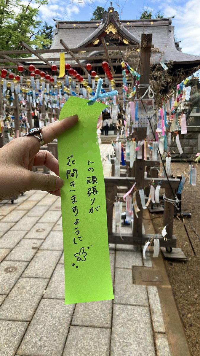 p_mutton's tweet photo. 今日朝起きて七夕って気付いたから短冊ものすごく書きたくなって短冊書ける神社巡り⛩️自分は願い事特になかったから勝手に友達の願い事書いた🎋
#金峯神社
#長岡 https://t.co/UUmBDjqcKs