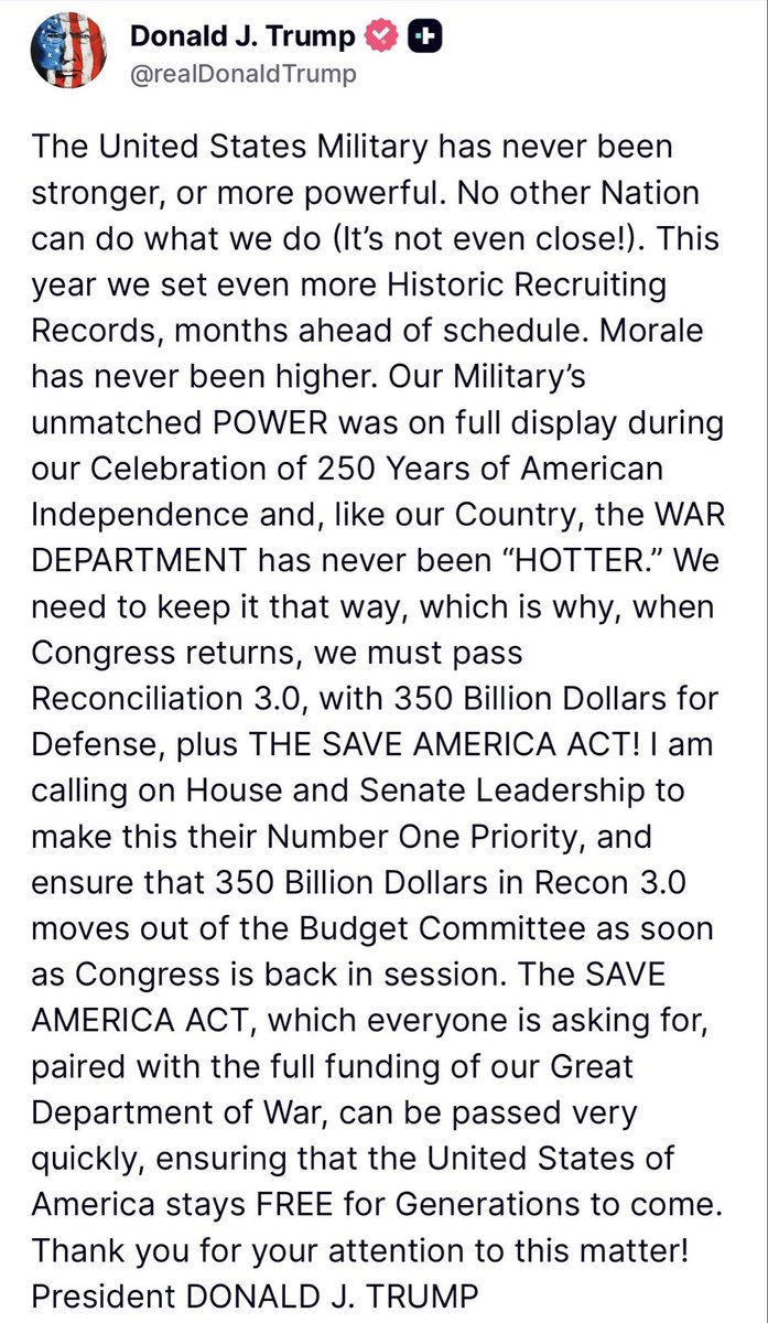 SeanParnellASW's tweet photo. .@POTUS: The WAR DEPARTMENT has never been “HOTTER.” We need to keep it that way, which is why, when Congress returns, we must pass Reconciliation 3.0 https://t.co/8NCgWcctmk