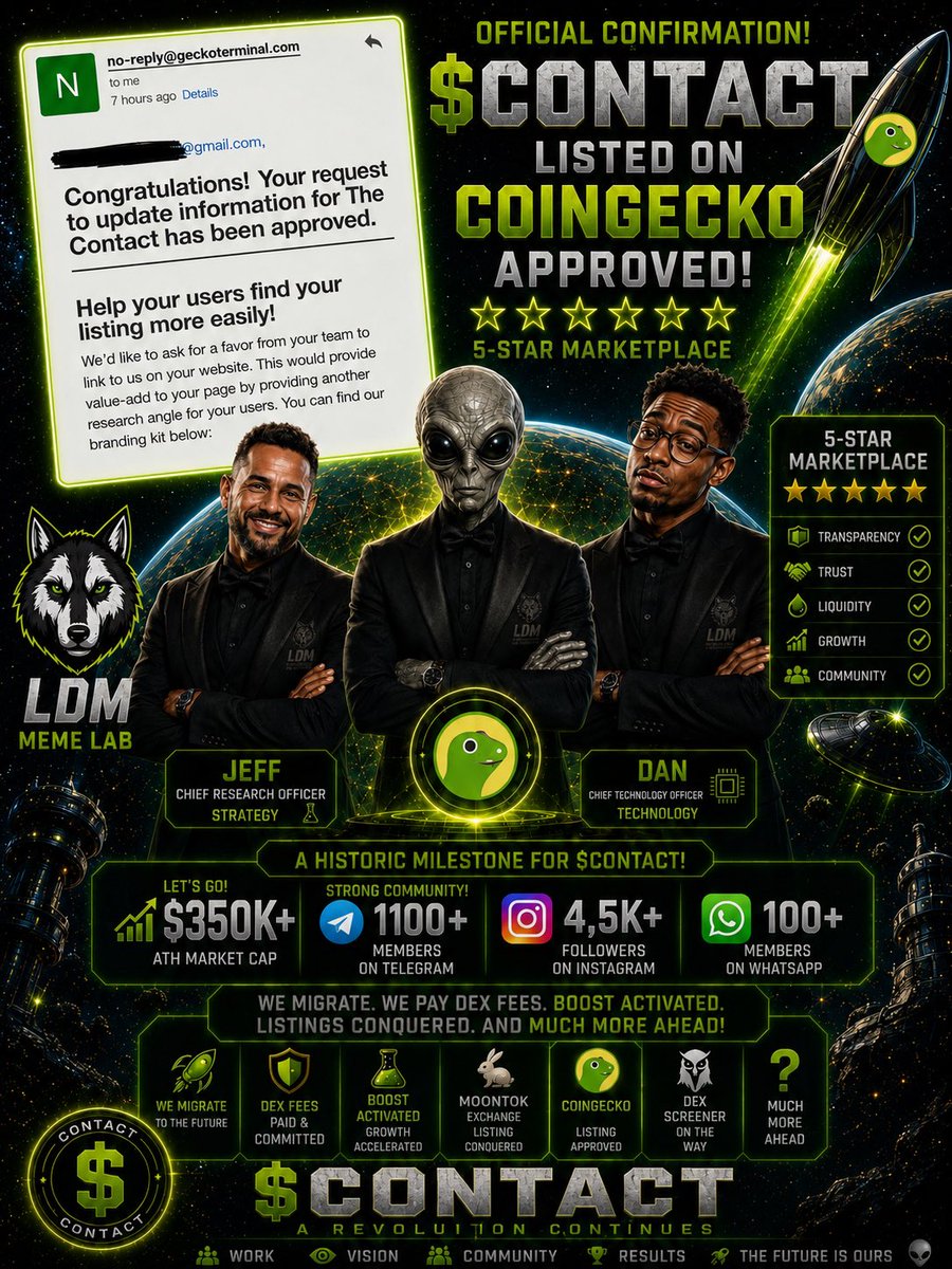 Labdasmemes's tweet photo. Ca 

GkDYHiWxdkWXEJ3nGVyhFqQtYTqp4ggfQKqWpWpLpump

From launch to global recognition in just a few days. 🚀

✅ 35K ATH Market Cap
✅ Listed on MoonTok (China) 🇨🇳
✅ Listed on CoinGecko 🦎
✅ Dex paid & Boost activated
✅ 1,100+ Telegram members
✅ 4.5K+ Instagram followers
✅ 25K+ Instagram views
✅ 6M+ tokens distributed to the community

This is just the beginning.

$CONTACT 👽💚
#Solana #Memecoin #Crypto #CoinGecko #MoonTok #CONTACT