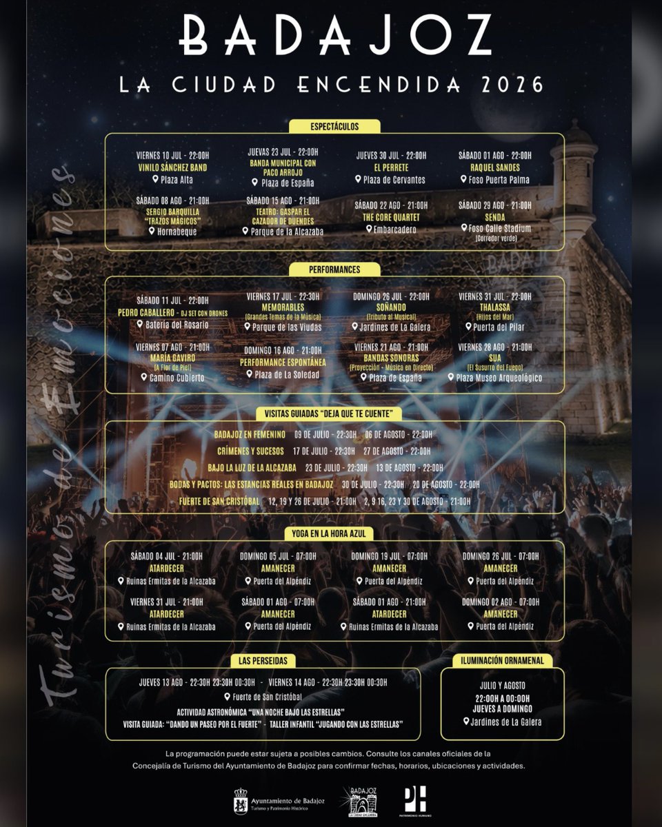 aytodebadajoz's tweet photo. ✨🌃 '#Badajoz, La Ciudad Encendida' celebra este 2026 su novena edición como uno de los programas estivales más reconocibles que unen del patrimonio históiroco y humano de la ciudad.

🎶 Del 10 de julio al 29 de agosto con más de 30 propuestas, espectáculos, performances, visitas guiadas y actividades.

🗓️ Este jueves será la inauguración de la iluminación ornamental de los Jardines de la Galera y el viernes a las 23:00 será el primer espectáculo desde la plaza Alta.