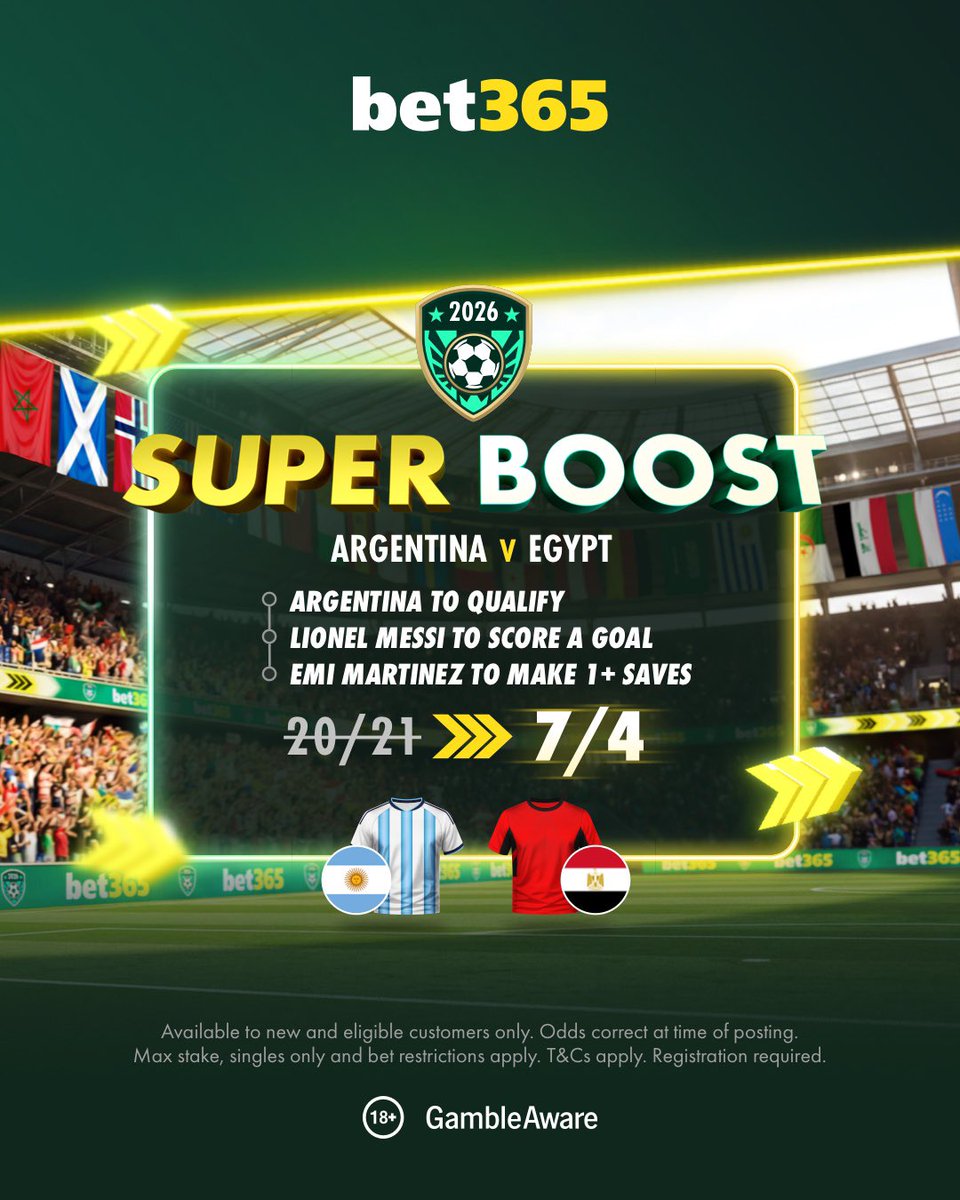 SpankTheBookies's tweet photo. 📈 bet365 SUPER BOOST

Argentina vs Egypt - 5pm kick off 

• Argentina to Qualify + Lionel Mess to Score + Emiliano Martinez 1+ Saves 

Was 20/21 > Now 7/4

Available to bet365 customers only via the link below.👇🏼 

👉🏼 https://t.co/Fbr8YjPpZK

18+ | Gamble Responsibly | T&C’s Apply
(Ad)