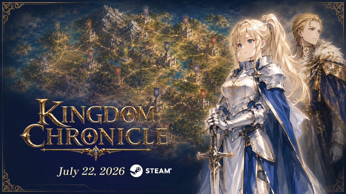 hakubyousai's tweet photo. #Steam #インディーゲーム #個人開発
【Kingdom Chronicle 発売日決定のお知らせ】
ターン制ファンタジー戦略SLG「Kingdom Chronicle」を、2026年7月22日（水）20:00にSteamで発売します。
あわせて、Steam版で初めてのプレー動画を公開しました。序盤に何をすればよいか、実際のゲーム画面でご案内しています。

・「複雑さで挫折させない」を設計の起点にした入門SLGです
・168名の武将を登用・引抜・捕縛し、天下統一を目指します
・無料版も配布しています（体験版ではなく、最後まで遊べる完結版です）

戦略SLGの「最初の一歩」を、なるべくなだらかにしたいと考えて作りました。

▼Steamストアページ
https://t.co/mZOvoBusKE
English: "Kingdom Chronicle" — a beginner-friendly turn-based strategy game — launches on Steam, July 22.