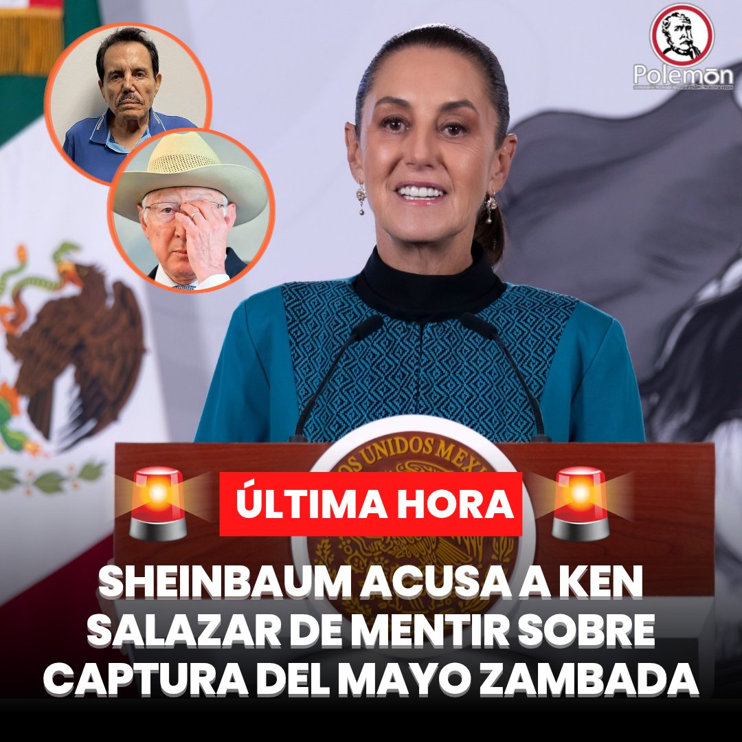 revistapolemon's tweet photo. 🚨#ÚLTIMAHORA  | La Presidenta @Claudiashein acusó al exembajador de Estados Unidos en México, Ken Salazar, de mentir, al asegurar que agencias estadounidenses sí participaron y cooperaron con grupos criminales en la captura de Ismael "El Mayo" Zambada, pese a que el exdiplomático lo negó.

Durante su conferencia mañanera, la Secretaria de Gobernación, @rosaicela_ , evidenció que el FBI, de Estados Unidos, está exhibiendo la avioneta en la que se trasladó al capo a Estados Unidos como parte de una operación de la agencia.

Al respecto Sheinbaum señaló que eso es muestra de que alguien mintió, y ese alguien es Ken Salazar.

"En aquel entonces, el ex Presidente López Obrador solicita a la embajada de Estados Unidos información de cómo es que los miembros de crimen organizado salieron de México. Sí hubo alguna participación de alguna agencia de los Estados Unidos (...) la respuesta, por parte del embajador Ken Salazar, pública y directa fue que no había habido participación de ninguna agencia", detalló.

La mentira se derrumbó, señaló la mandataria, con la exhibición de la avioneta en la que se extrajo a Zambada de México en una exposición donde el FBI se atribuye la operación

"Entonces, a partir de ahí, la primera pregunta es ¿Quién miente? Mintió el embajador Ken Salazar", dijo contundentemente.

Sheinbaum aseguró que es relevante el señalamiento porque se trata de la figura que representó a Estados Unidos en México por 4 años. Pero también porque la participación de Estados Unidos a espaldas del gobierno mexicano, estaría violando tratados internacionales y la ley y Constitución Mexicana.

Finalmente, Sheinbaum criticó que Ken Salazar haya mentido, pues no solo le mintió al pueblo de México, si no a su pueblo también. Además de que México siempre ha cumplido con todas sus obligaciones bilaterales con los Estados Unidos por lo que aquel país está obligado a hacer lo mismo con México.

"Por eso es relevante, porque nosotros queremos saber quién mintió", señaló Sheinbaum.