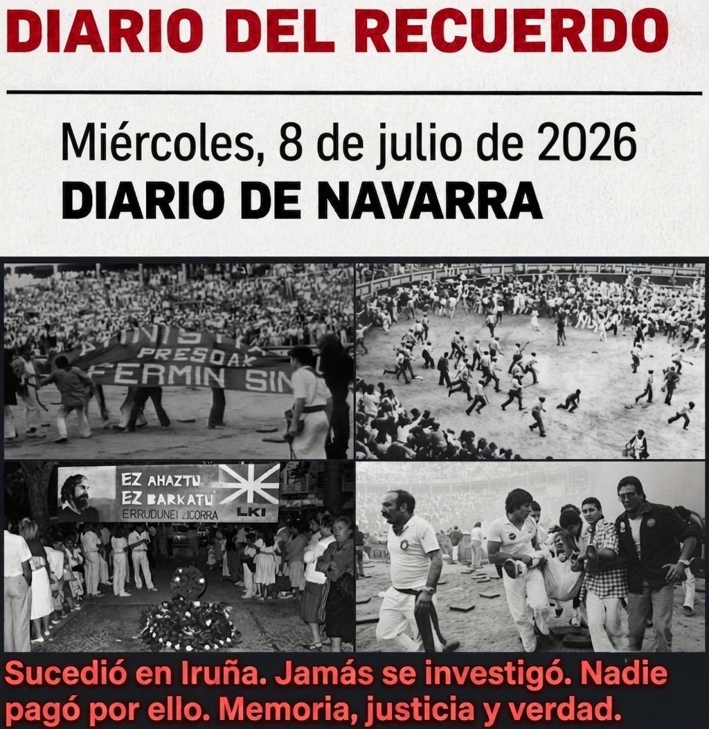 DiabloNavarra's tweet photo. «Tirad con todas las energías. No os importe matar»

#TalDíaComoHoy en 1978, la policía reventó Sanfermín. ¿El motivo? Una pancarta por la Amnistía.

7000 proyectiles

150 balas y ráfagas de metralleta

+150 heridos

Germán Rodríguez (27 años) asesinado de un disparo en la frente https://t.co/WMukbH4f0x
