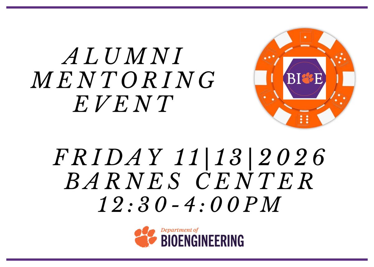 ClemsonBIOE's tweet photo. ALUM RSVP HERE: https://t.co/ob4vN7Lh98 https://t.co/4EgsU3Ula2