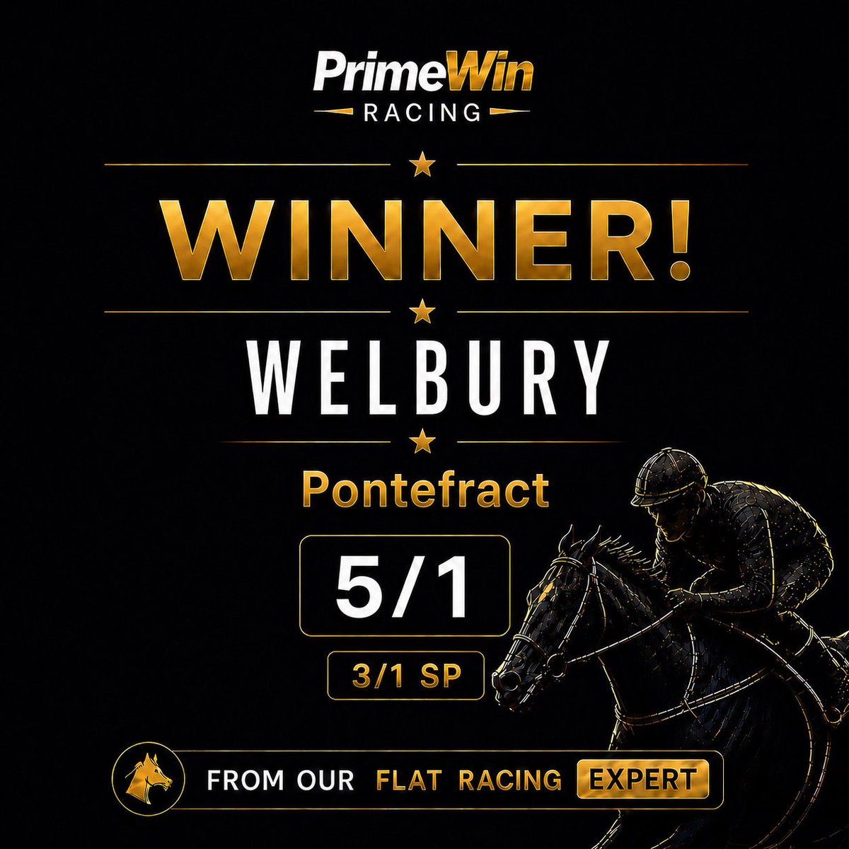 PrimeWinSports's tweet photo. 🏆 PRIMEWIN FLAT SPECIALIST | WINNER

🥇 WELBURY gets the job done at Pontefract

The TV pundits didn’t have this one on their radar… Our Flat Specialist did ✅

Sent to members at 5/1 (3/1 SP)

🔗 Link in bio… https://t.co/Z4Qhlza9GM