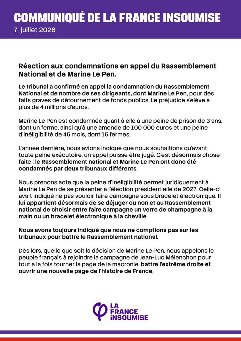lunionpopulaire's tweet photo. 🔴 « Il appartient au RN de choisir entre faire campagne un verre de champagne à la main ou un bracelet électronique à la cheville. »

Communiqué de la @FranceInsoumise ⤵️ https://t.co/uh2G0xX9WZ