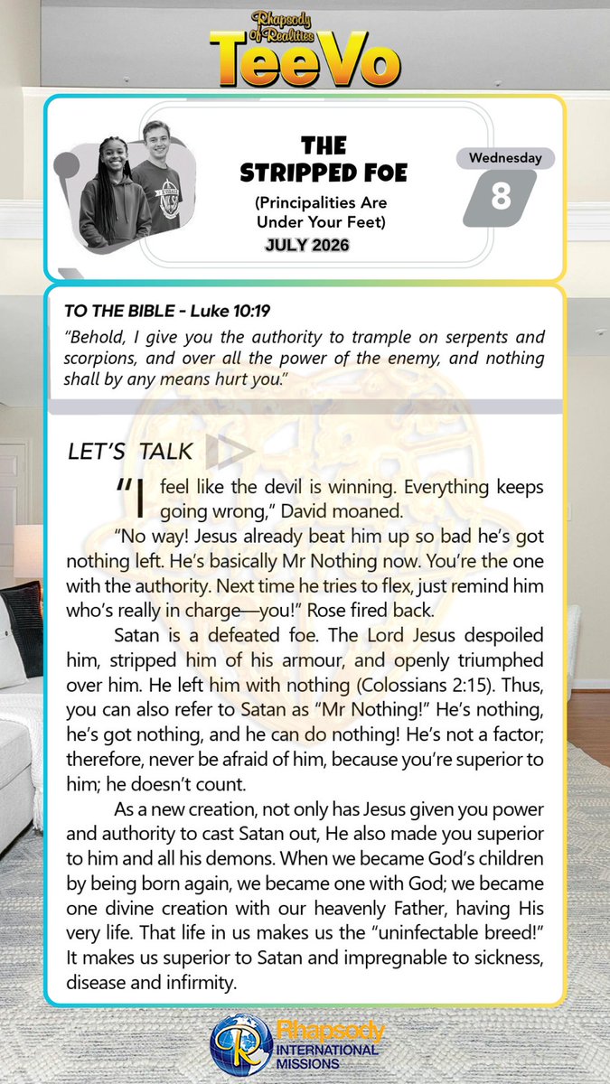 RORintlmissions's tweet photo. Luke 10:19 - “Behold, I give you the authority to trample on serpents and scorpions, and over all the power of the enemy, and nothing shall by any means hurt you.”

Partner today: https://t.co/r0LeB2YSOv

Learn more about Rhapsody International Missions: https://t.co/j4rgkq8L0E

God bless you.