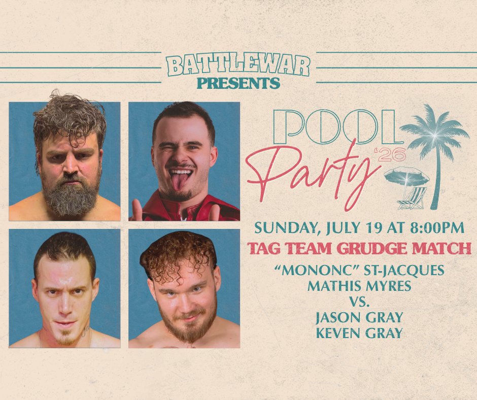 TheBATTLEWAR's tweet photo. After hearing from The Grays, as well as Mathis Myre &amp; @MathStjacques, we can confirm that a tag team match will happen on July 19 at @LesFoufs!

It will be a unique contest, as Jason &amp; Keven Gray have not teamed in years and, well, St-Jacques does not want to team with Myre. https://t.co/l3gJARFbim