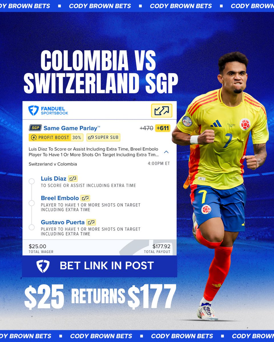 CodyBrownBets's tweet photo. ⚽️ +611 Colombia vs Switzerland SGP

The final game of the R16. Let’s finish strong!

🔗 Tap to tail: https://t.co/lX6V0qOcWC

I’m using FanDuel’s 30% profit boost here.

21+, gamble responsibly. https://t.co/DPEsP0tpeW