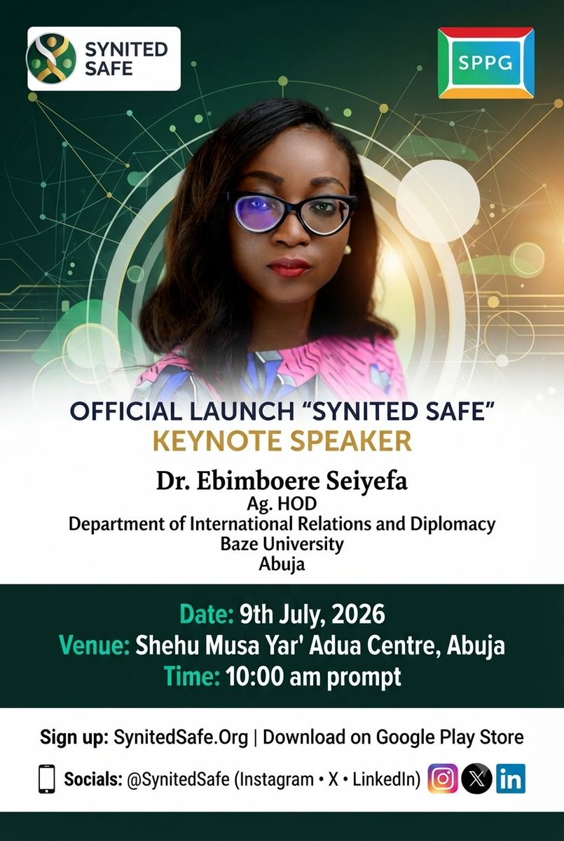 SynitedSafe's tweet photo. Meet our Keynote speaker!
Dr. Ebimboere Seiyefa, Ag. HOD, Int'l Relations &amp; Diplomacy,Baze University,Abuja
A respected scholar &amp; expert in peacebuilding,security governance, &amp; human security
She will share insights on building safer communities through innovation &amp; collaboration https://t.co/wy1EvtSnso