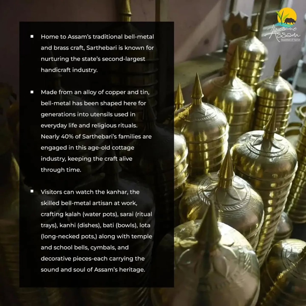 aweassam's tweet photo. Discover Sarthebari in Assam’s Barpeta district, where generations of artisans quietly shape bell and brass into stories of tradition. 

#AwesomeAssam
#Sarthebari
#Bellmetal
#ExploreAssam
@CMOfficeAssam
@himantabiswa 
@AjantaNeog https://t.co/T0sUIahnAm