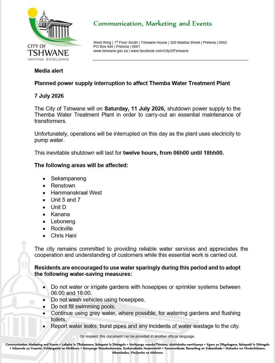 CityTshwane's tweet photo. Planned power supply interruption to affect Themba Water Treatment Plant https://t.co/CftJQe5Hxx