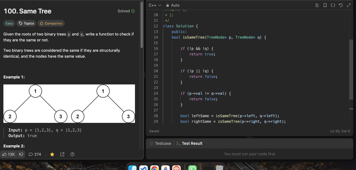 Vector_Nomad's tweet photo. Day 37/45 of my #SDESheetChallenge journey by
@takeUforward_
Continued my Binary Trees journey by solving 4 important problems:

1️⃣ Lowest Common Ancestor of a Binary Tree
→ Used recursion to search both subtrees
→ If p and q are found on different sides, the current node is the LCA

2️⃣ Same Tree
→ Recursively compared the structure and values of both trees
→ Both left and right subtrees must be identical

3️⃣ Boundary Traversal of Binary Tree
→ Divided the traversal into three parts:
• Left boundary
• Leaf nodes
• Right boundary in reverse order

4️⃣ Binary Tree Zigzag Level Order Traversal
→ Used BFS with a queue
→ Alternated the insertion direction at every level

Binary Tree problems become much easier when the traversal is broken into clear recursive or level-wise subproblems.

After 37 days feels great to be consistent.
 #DSA #BinaryTrees #LeetCode #GeeksForGeeks #Cpp
