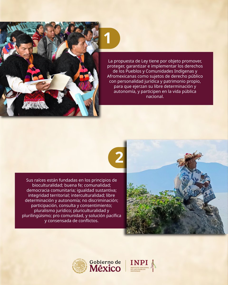 INPImx's tweet photo. Conoce la Propuesta de Iniciativa de Ley General de Derechos de los Pueblos Indígenas y Afromexicanos en 20 puntos. 📖

Este documento presenta, de manera clara y accesible, los principales ejes de la iniciativa que busca garantizar el reconocimiento y ejercicio pleno de los derechos de los Pueblos y Comunidades Indígenas y Afromexicanas, en cumplimiento del artículo 2° de la Constitución.  

📄Consúltala aquí: https://t.co/dqQZPtyA8S

#ConsultaLeyGeneral

🧵 1/7