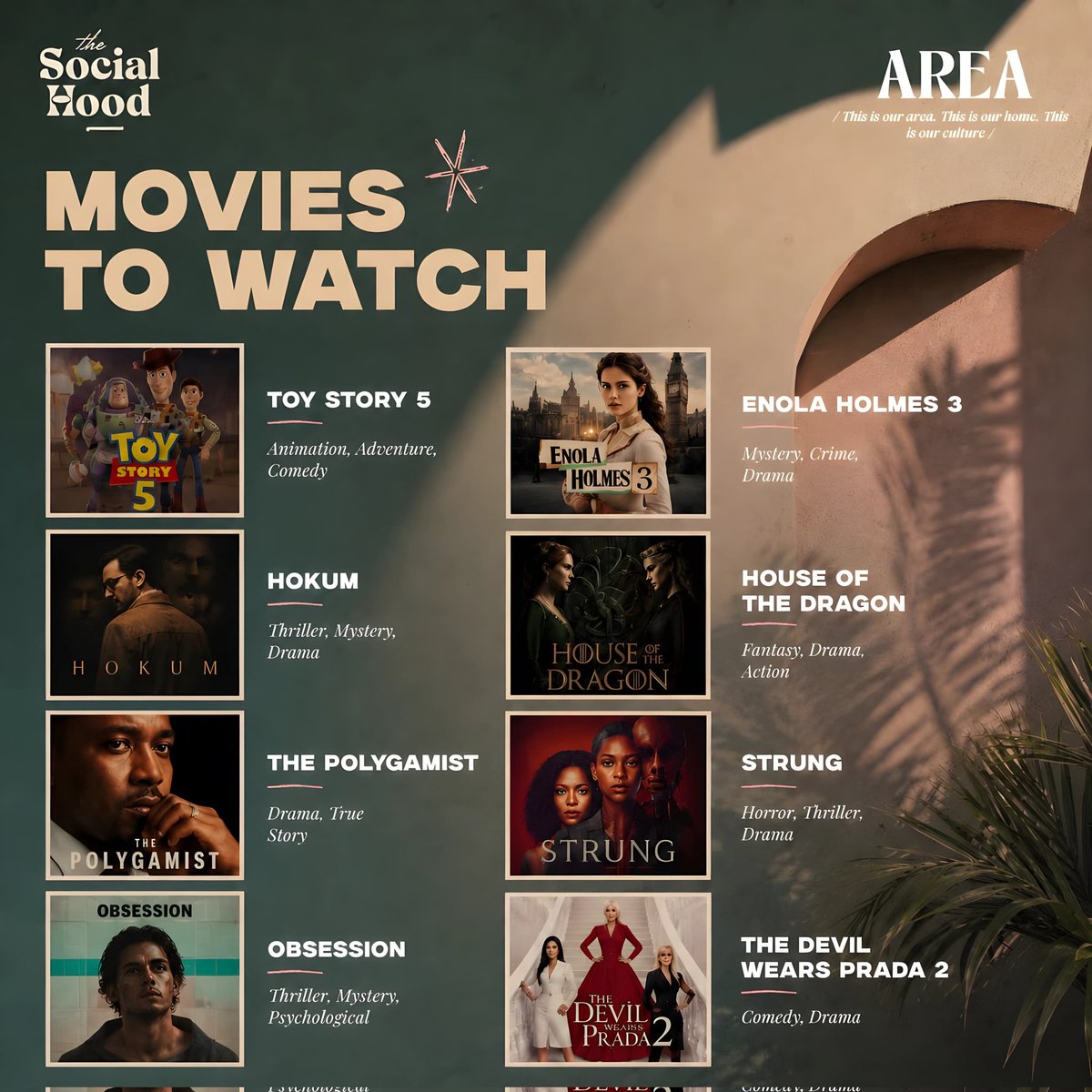 thesocial_hood's tweet photo. Our Area, our Culture, Our watchlist. 🎬
We’ve put together the ultimate lineup of movies and shows you need to be watching right now. From thrillers to highly anticipated sequels, we’ve got you covered. 🍿
Which one are you locking in for???
©AREA MAG https://t.co/ldiXccKLcd