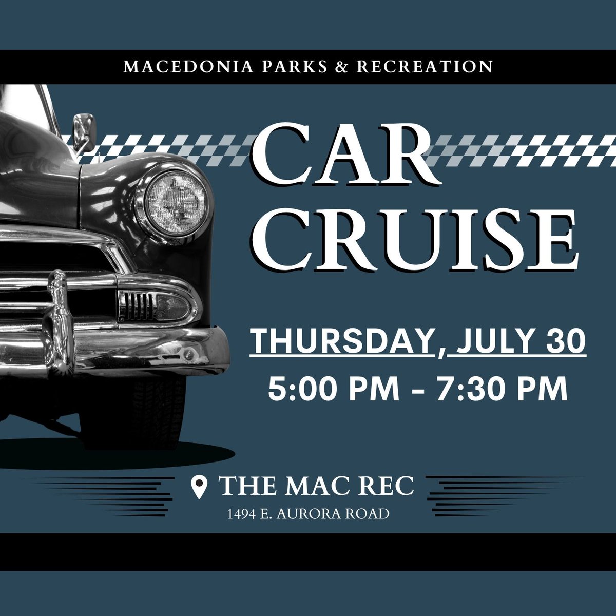cityofmacedonia's tweet photo. Don't miss our annual Car Cruise on Thursday, July 30 from 5-7:30 p.m. at the Mac Rec parking lot. Showcase your vehicle or come check out all the cool rides. Free to participate and attend. Food trucks will be available. https://t.co/klw1iaFbIe