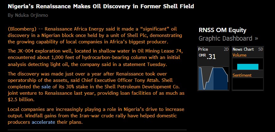 nathanaeldisu's tweet photo. JUST IN: Aradel's Renaissance Energy discovers oil in one of its fields.

The oil field was previously owned by Shell before acquisition by Renaissance Energy.

Aradel owns 53% stake in Renaissance Energy.

📸: @BloombergAfrica https://t.co/AiHJ61HrJb