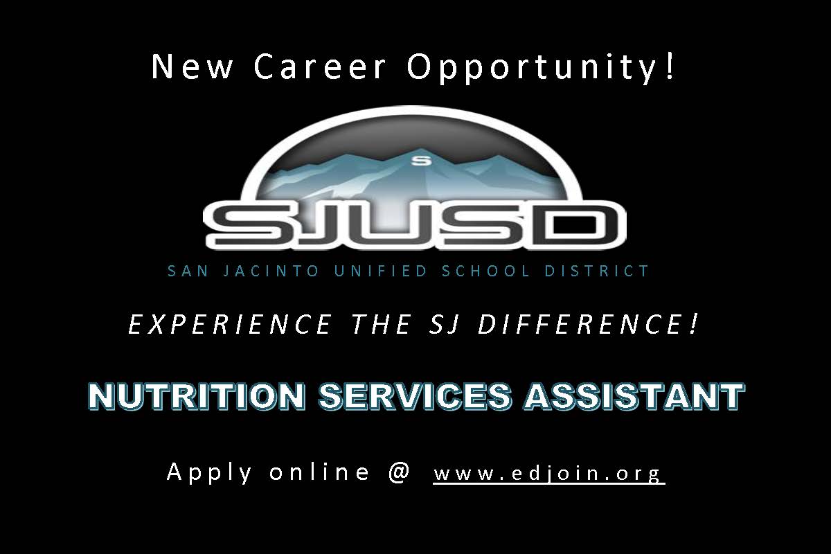 SJUSD_HR's tweet photo. Nutrition Services Assistant I, Nutrition Services (35 hours/week) at San Jacinto Unified School District | EDJOIN https://t.co/dhHU2YXSq1 #EDJOIN #GetAJob https://t.co/5CgF5810lH