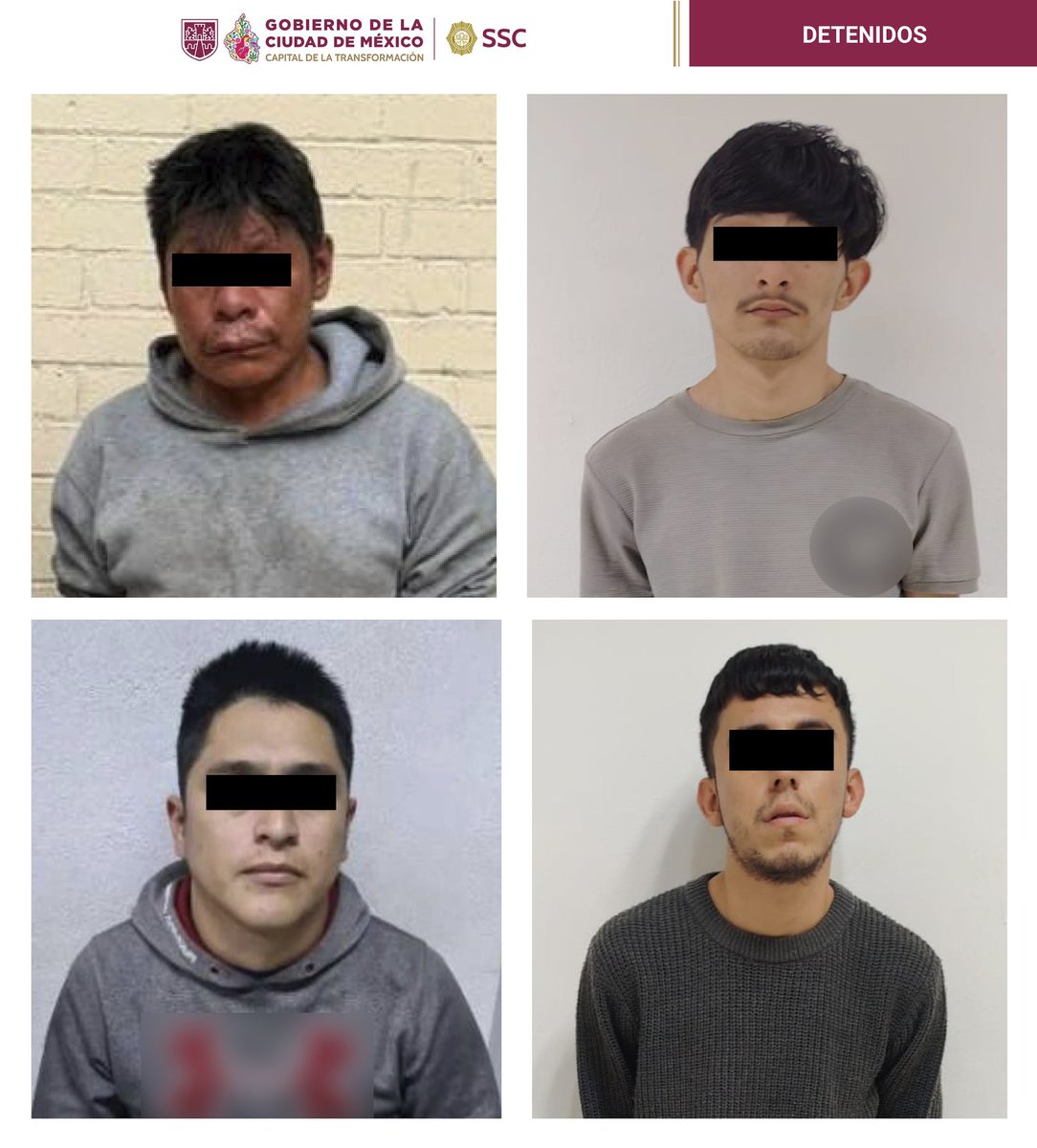 PabloVazC's tweet photo. #Importante | En seguimiento a la Estrategia de Combate al delito de #Extorsión, y resultado de trabajos de investigación, compañeros de @SSC_CDMX en coordinación con agentes de la @FiscaliaCDMX ejecutaron cuatro órdenes de aprehensión, tres de ellas en reclusión. 

José Antonio "N", Marcel Emiliano "N", Eder Aldahir "N" y Juan Carlos "N", están presuntamente vinculados a la extorsión en contra de comerciantes y locatarios, y a otros delitos como robo y homicidio, y cuentan con antecedentes delictivos. 

Seguimos trabajando, atendiendo todas las denuncias ciudadanas, con inteligencia e investigación para desarticular células delictivas, detener a los generadores de violencia y seguir construyendo una ciudad más segura, justa y en paz.