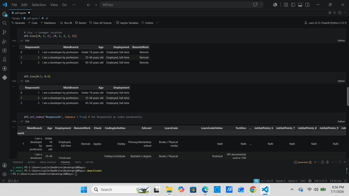 saileshgrg19's tweet photo. #LSPPDay37
learned how to select data in Pandas using loc and iloc, retrieve rows and columns efficiently, and set a DataFrame column as the index for easier data access and management
@lftechnology 
#LearningWithLeapfrog
#60DaysOfLearning2026
Github:https://t.co/2HSzpINMvs https://t.co/b7W1pK5Ec8